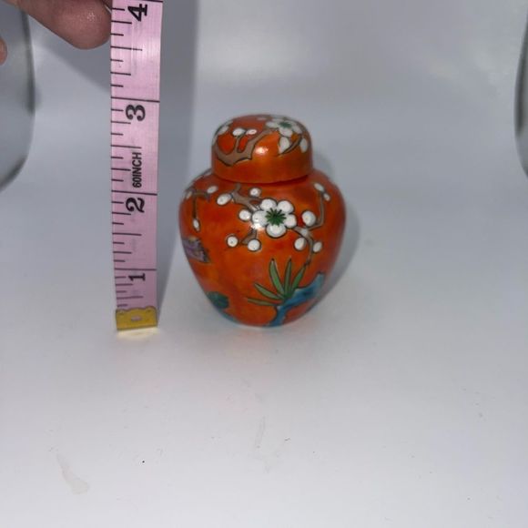 Orange cherry blossom bird floral ginger jar 3” hand painted - Picture 5 of 6